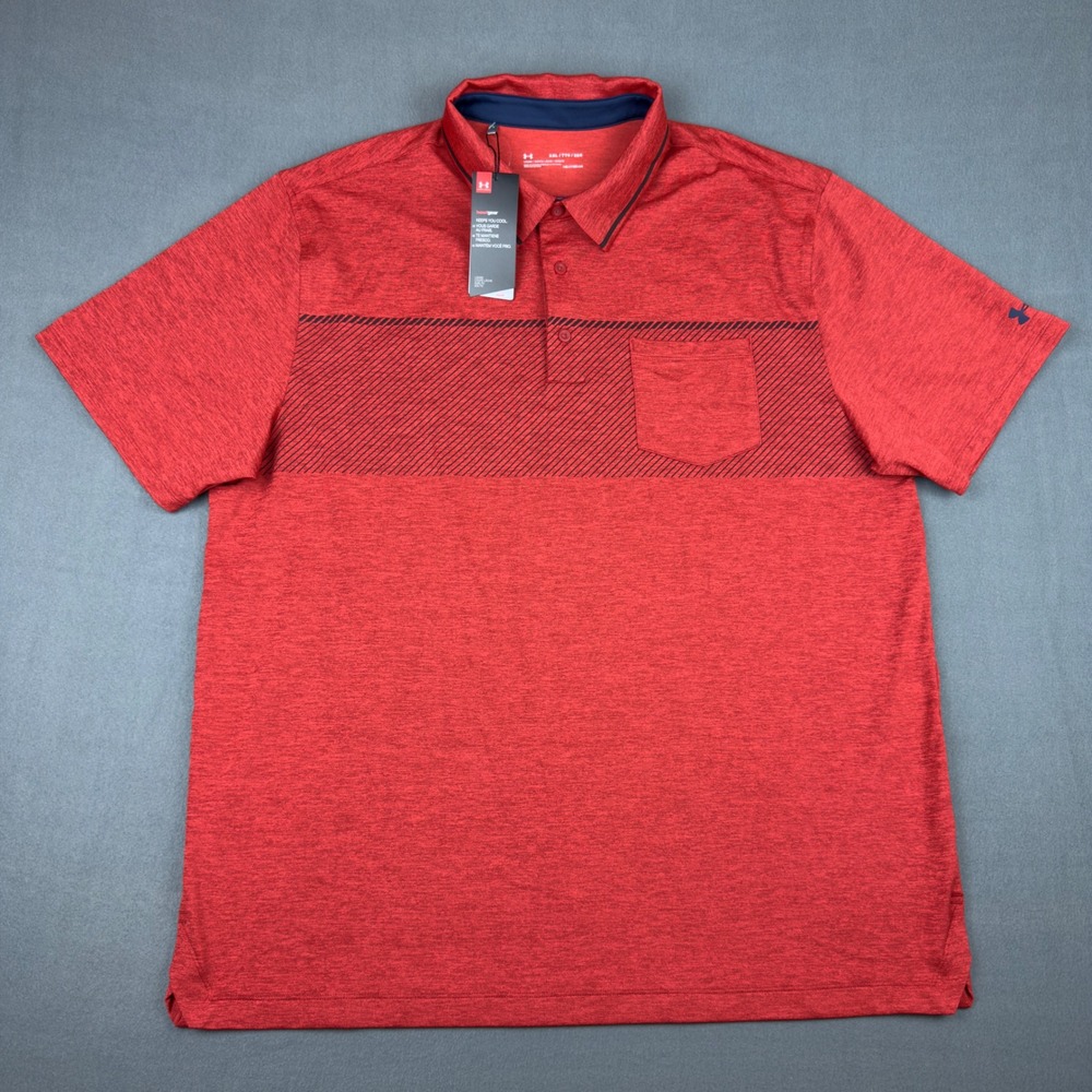 Under Armour Mens HeatGear Polo Shirt Red Heather Striped Chest Pocket XXL New